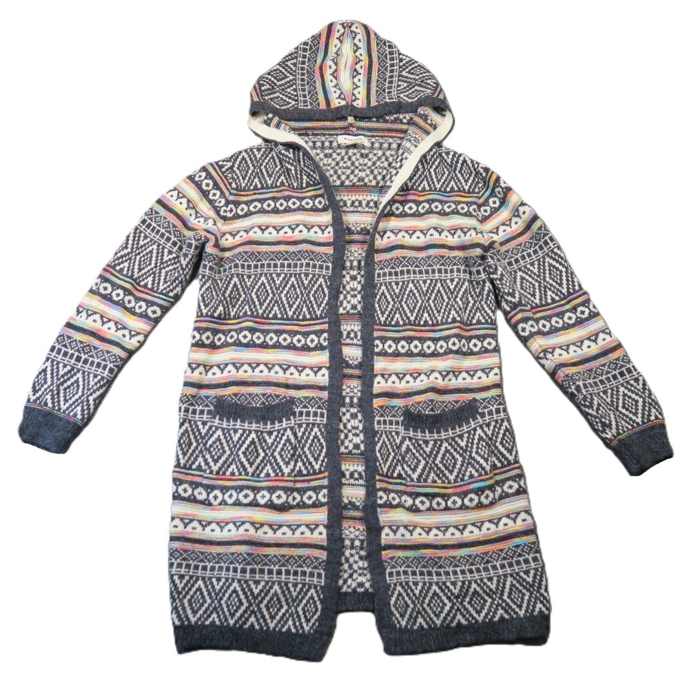 Monteau Hooded Duster‎ Cardigan M Rainbow Intarsia Pockets  Aztec Boho Festival
